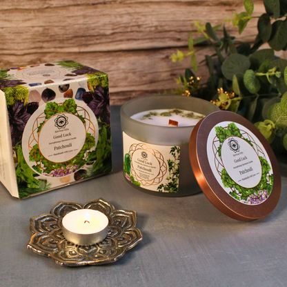 Bougie Parfumée Pierre Précieuse – Arbre Vert Bonne Chance au Patchouli (256 g)