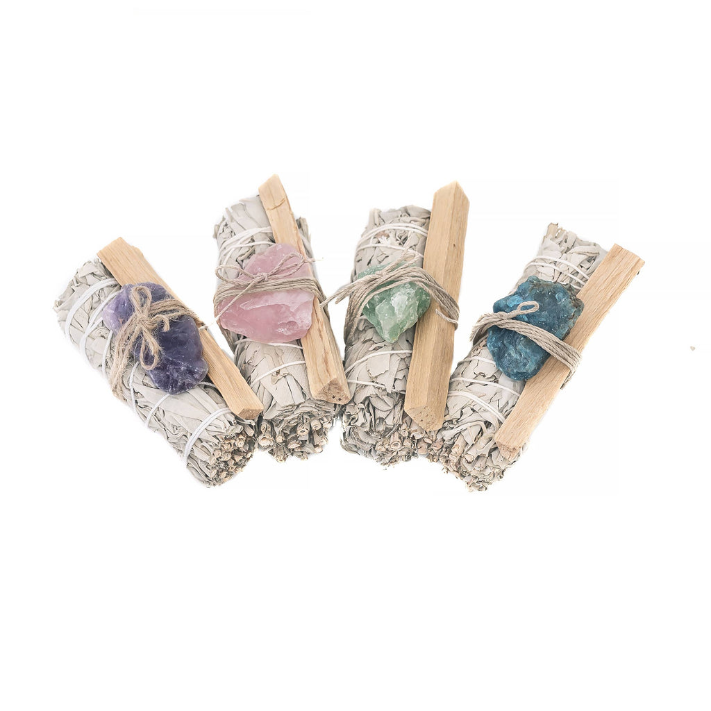 Lot de 4 Sage, Rough Crystals et Palo Santo dans un sac
