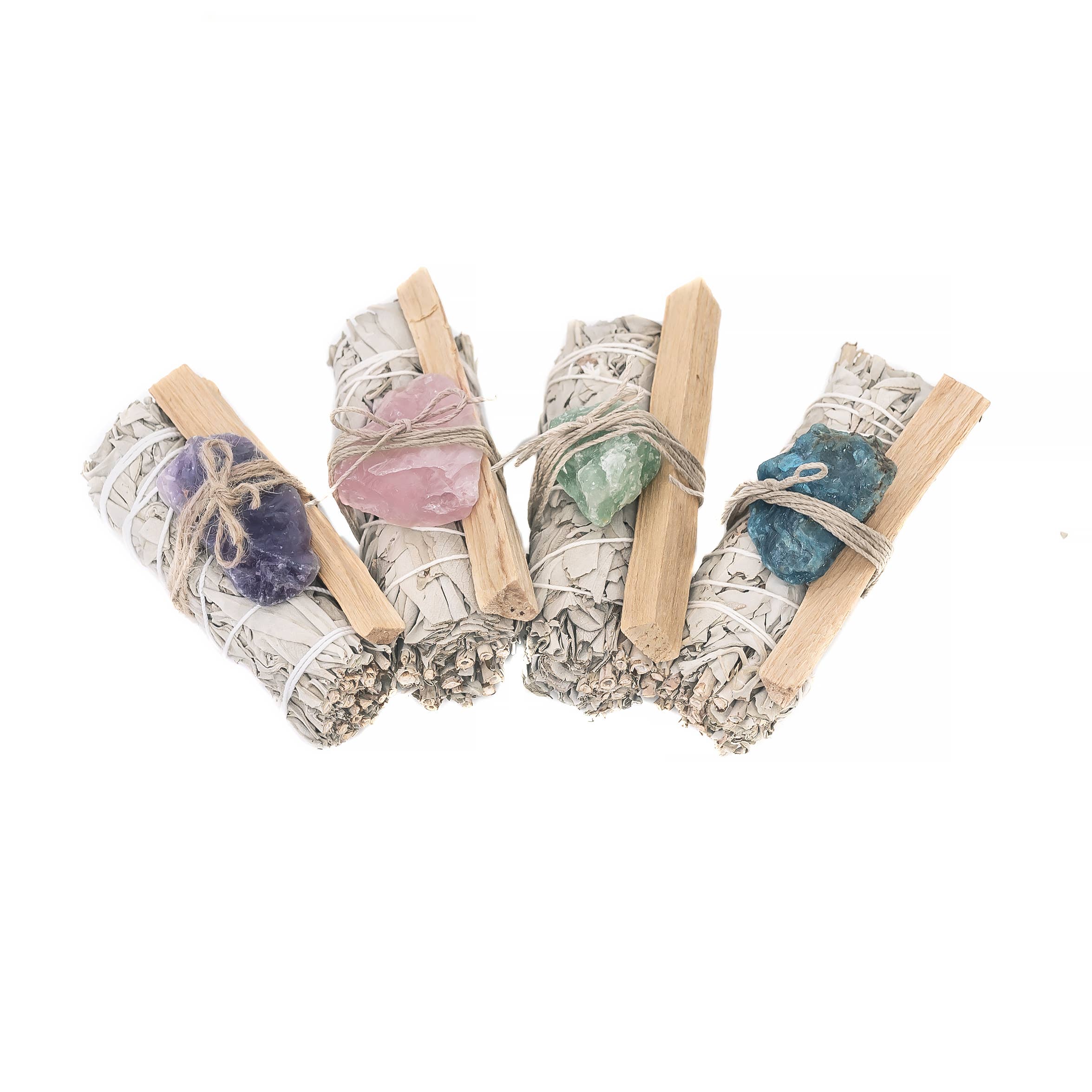 Lot de 4 Sage, Rough Crystals et Palo Santo dans un sac