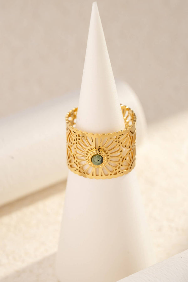 Bague Mandala Pierre Naturelle Dorée Ajustable – Acier Inoxydable Harmonie & Élégance