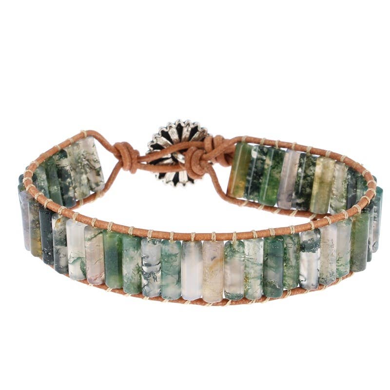 Bracelet Agate Mousse Petits Tubes 4 x 13 mm et Cuir