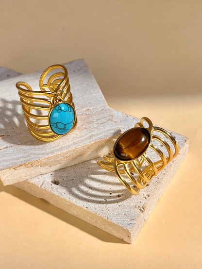 Bague Pierre Naturelle Dorée Ajustable – Acier Inoxydable • Turquoise ou Œil de Tigre