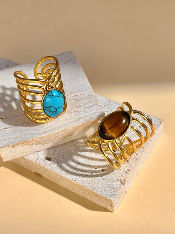 Bague Pierre Naturelle Dorée Ajustable – Acier Inoxydable Turquoise ou Œil de Tigre