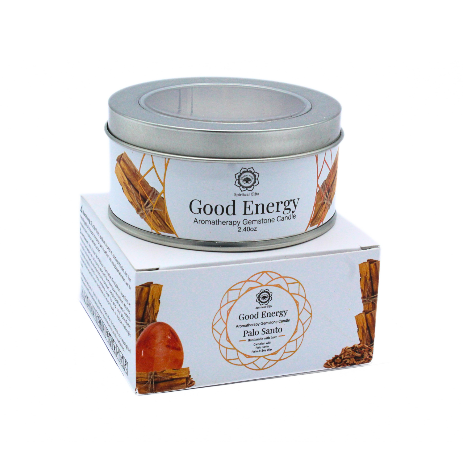 Bougie Parfumée Pierre Précieuse – Arbre Vert Bonne Énergie au Palo Santo (70 g)