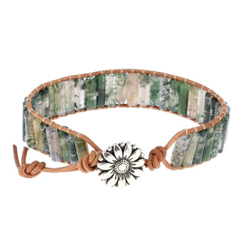 Bracelet Agate Mousse Petits Tubes 4 x 13 mm et Cuir