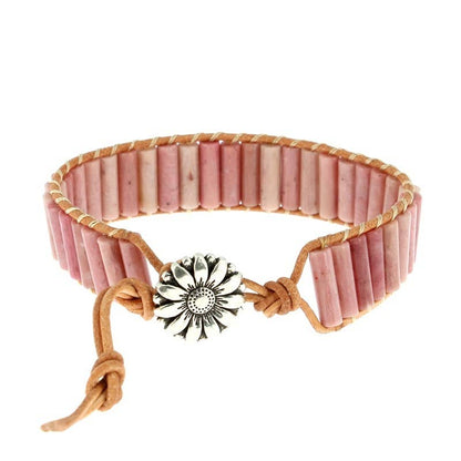 Bracelet Rhodonite Rose Petits Tubes 4 x 13 mm et Cuir