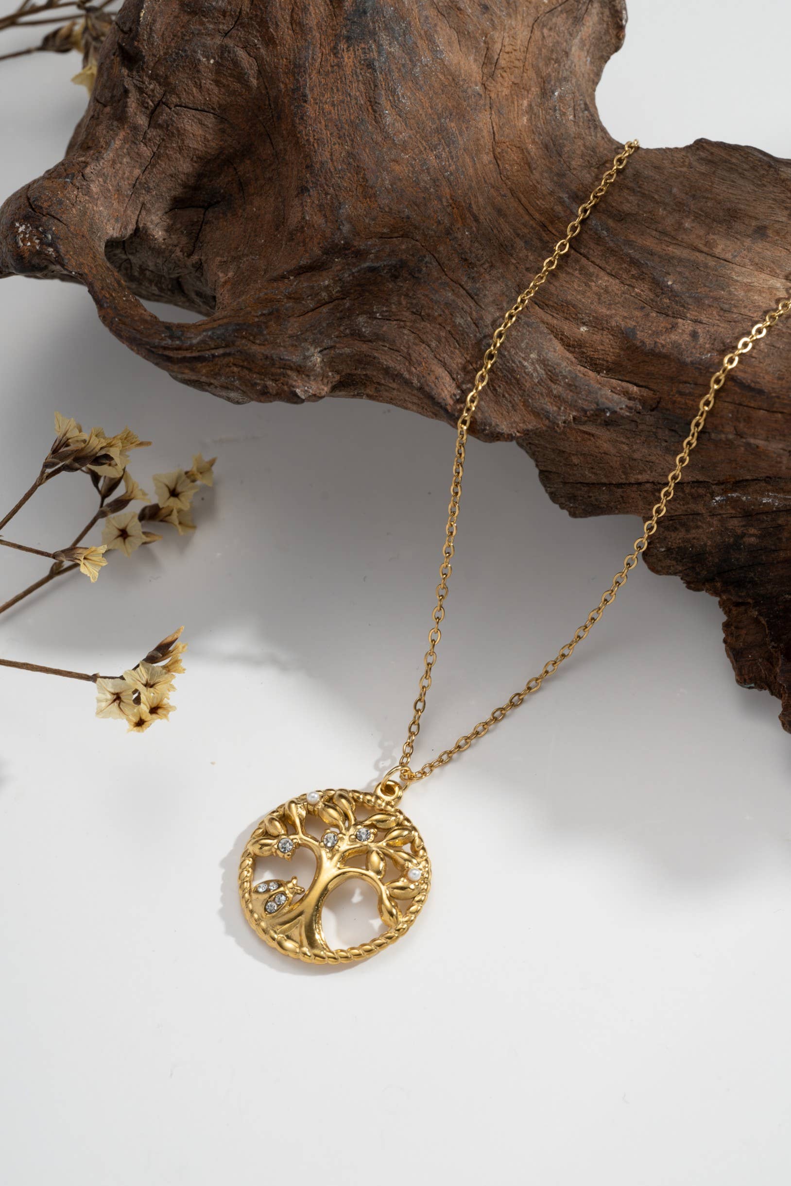 Collier Arbre de Vie Doré – Acier Inoxydable & Cercle Torsadé aux Pierres Naturelles