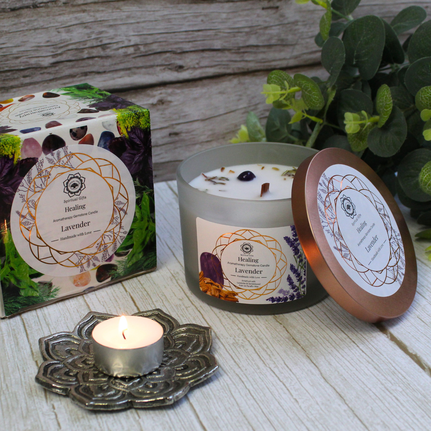 Bougie Parfumée Pierre Précieuse – Arbre Vert Guérison à la Lavande (256 g)