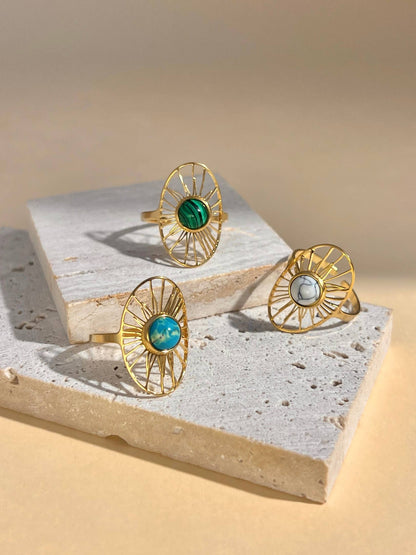 Bague Soleil Ovale Ajustable & Pierre Naturelle – Acier Inoxydable Doré • Éclat Solaire
