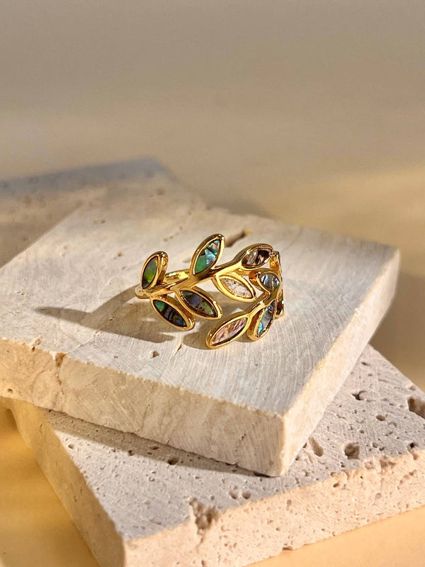 Bague Feuille Nacre Multicolore Ajustable – Acier Inoxydable Doré Nature & Éclat Irisé