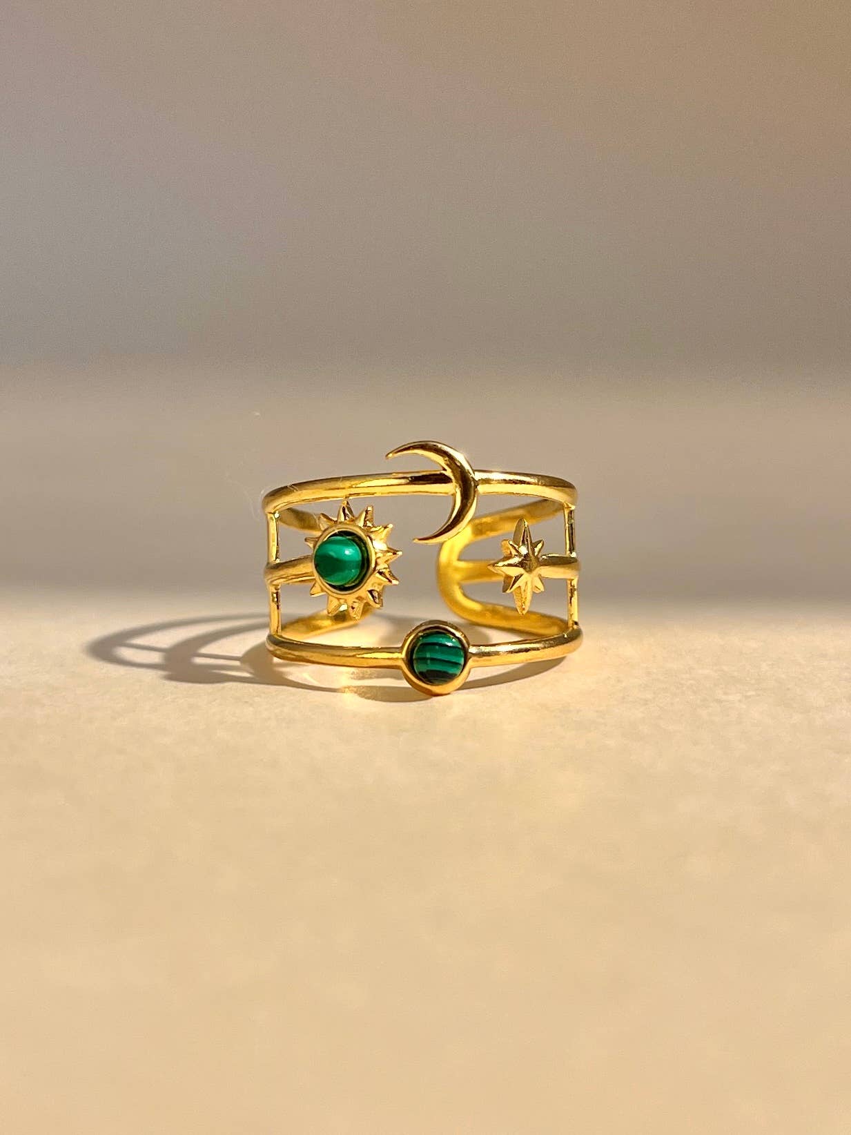 Bague réglable Lune, Étoile & Soleil avec pierre