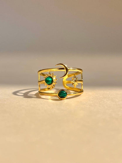 Bague réglable Lune, Étoile & Soleil avec pierre