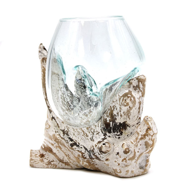 Coupe en verre soufflé enserrée par les bras d'une racine de bois blanchie à la chaux