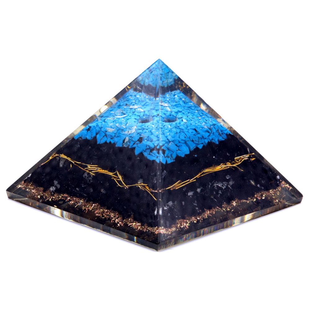 Pyramide en orgonite turquoise et tourmaline noire, 70 mm