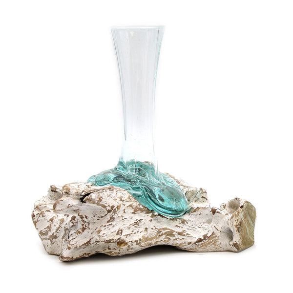 Vase moyen en verre coulé sur bois blanchi à la chaux