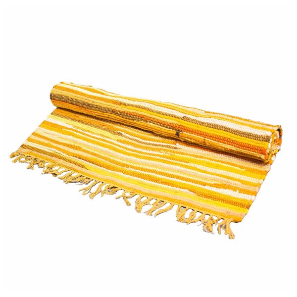 Tapis chindi 150 x 90 cm roulé, camaieu de jaunes safran et paille, franges écrues