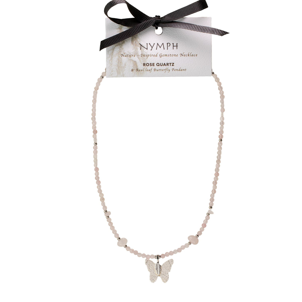 Collier Quartz Rose – Pendentif Papillon en Véritable Feuille