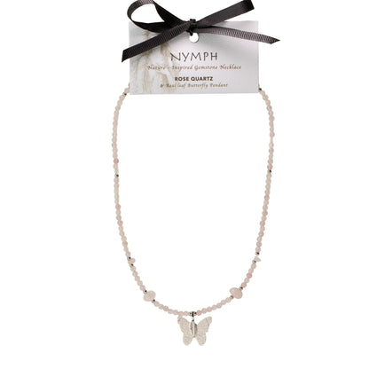 Collier Quartz Rose – Pendentif Papillon en Véritable Feuille