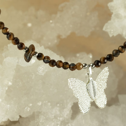 Collier Œil de Tigre – Pendentif Papillon en Véritable Feuille