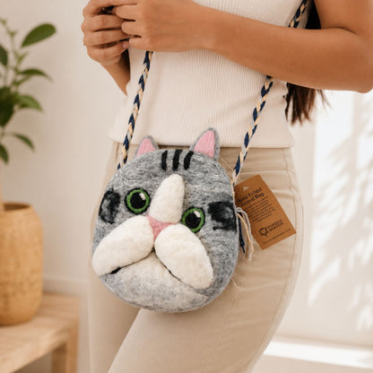 Petit Sac en Feutre Chat – Bandoulière en Perles