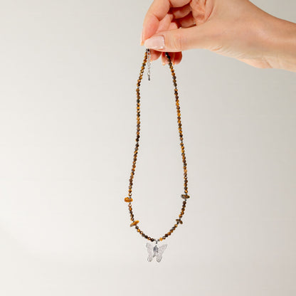 Collier Œil de Tigre – Pendentif Papillon en Véritable Feuille