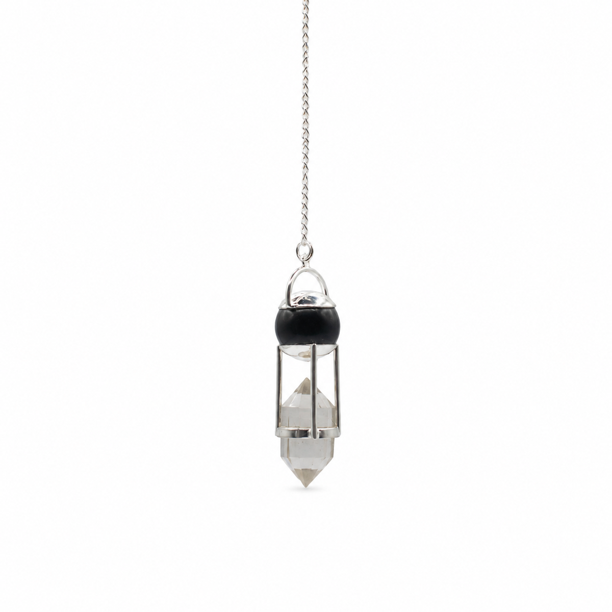 Pendule à globe d'obsidienne noire et pointe de cristal de roche biterminée