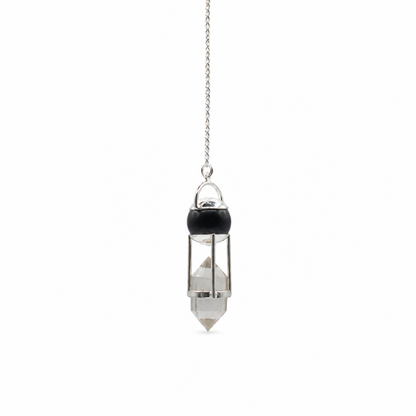 Pendule à globe d'obsidienne noire et pointe de cristal de roche biterminée
