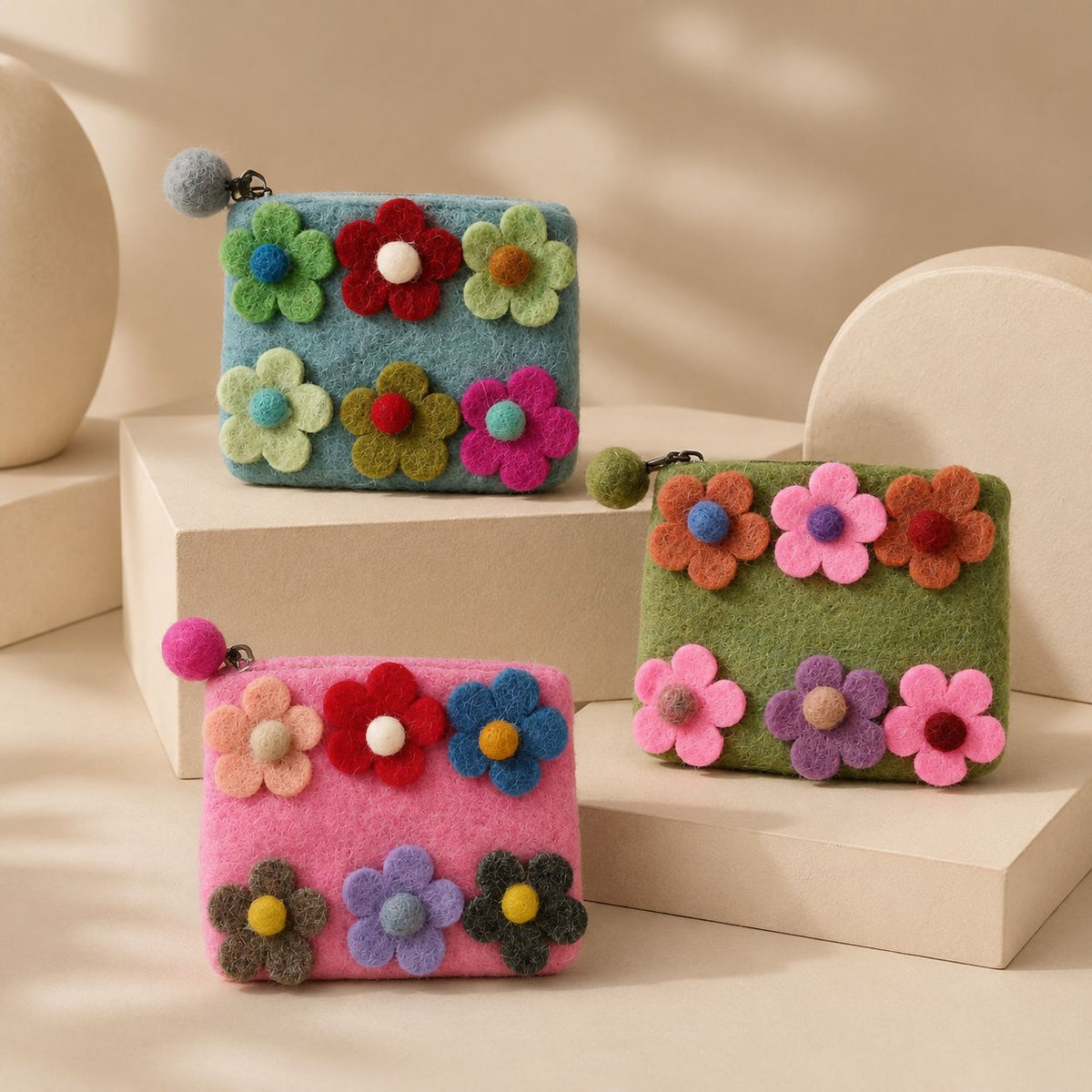 Lot de 3 Trousses en Feutre – Six Fleurs