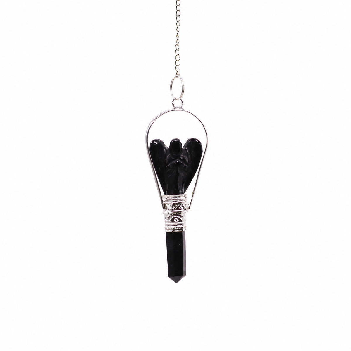 Pendule ange taillé dans une agate noire, avec sa chaîne argentée et son anneau
