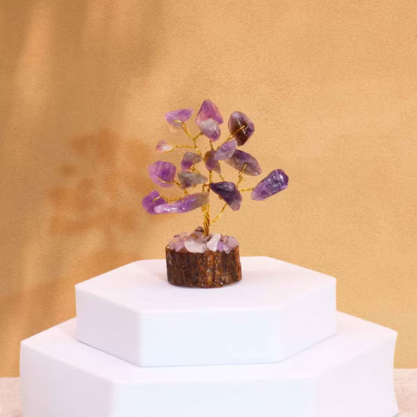 Mini arbre d'améthyste sur socle en bois, 15 pierres