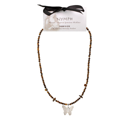 Collier Œil de Tigre – Pendentif Papillon en Véritable Feuille