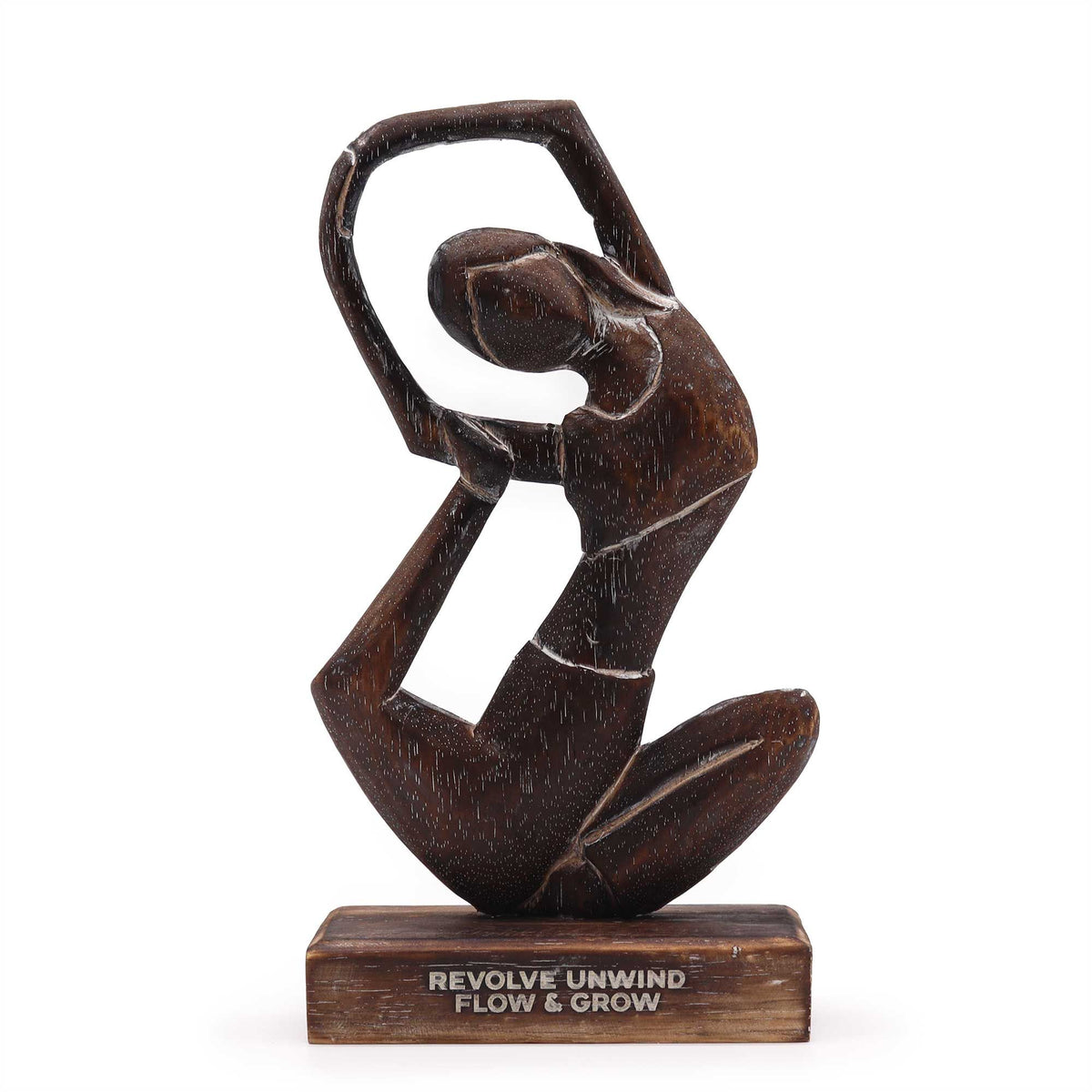 Statuette de yoga en bois patiné brun, posture de torsion