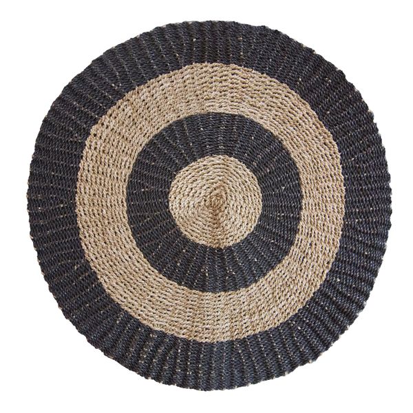 Tapis rond en jonc de mer d'un mètre, anneaux concentriques noirs et naturels alternés