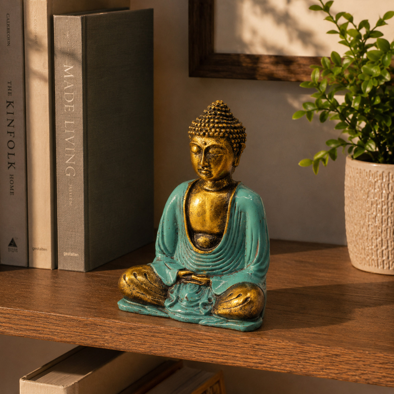 Bouddha de Bali 15 cm en résine peinte main, robe turquoise et or