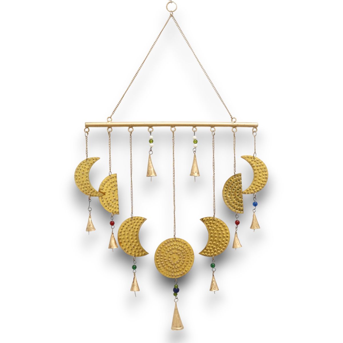 Barre horizontale en laiton portant croissants et pleine lune suspendus, avec clochettes coniques