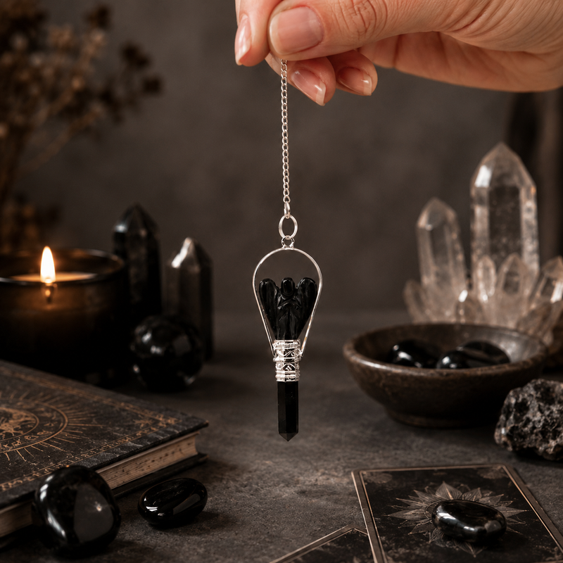 Détail de la silhouette d'ange en agate noire et de sa pointe basse
