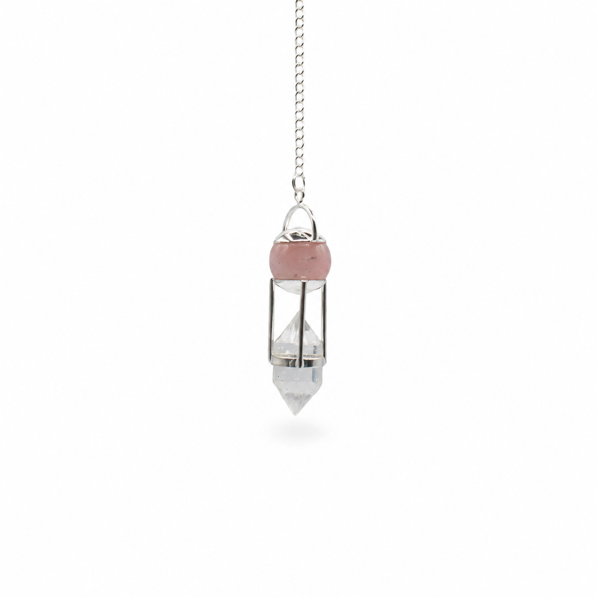 Pendule à globe de quartz rose et pointe de cristal de roche biterminée