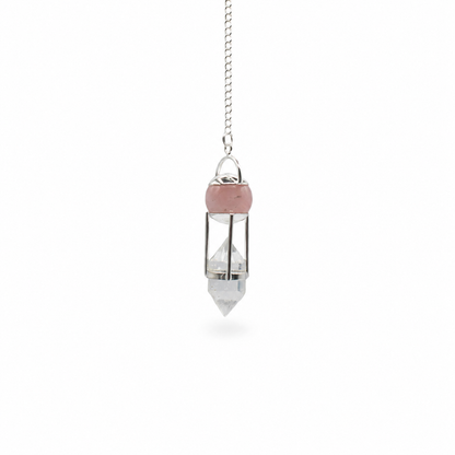 Pendule à globe de quartz rose et pointe de cristal de roche biterminée