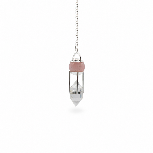 Pendule à globe de quartz rose et pointe de cristal de roche biterminée