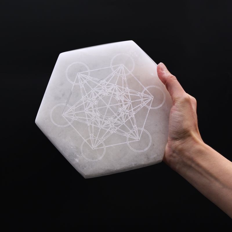 Plaque de rechargement hexagonale en sélénite 18 cm Direction et Décision