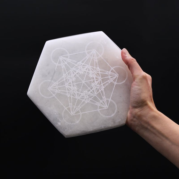 Plaque de rechargement hexagonale en sélénite 18 cm Direction et Décision