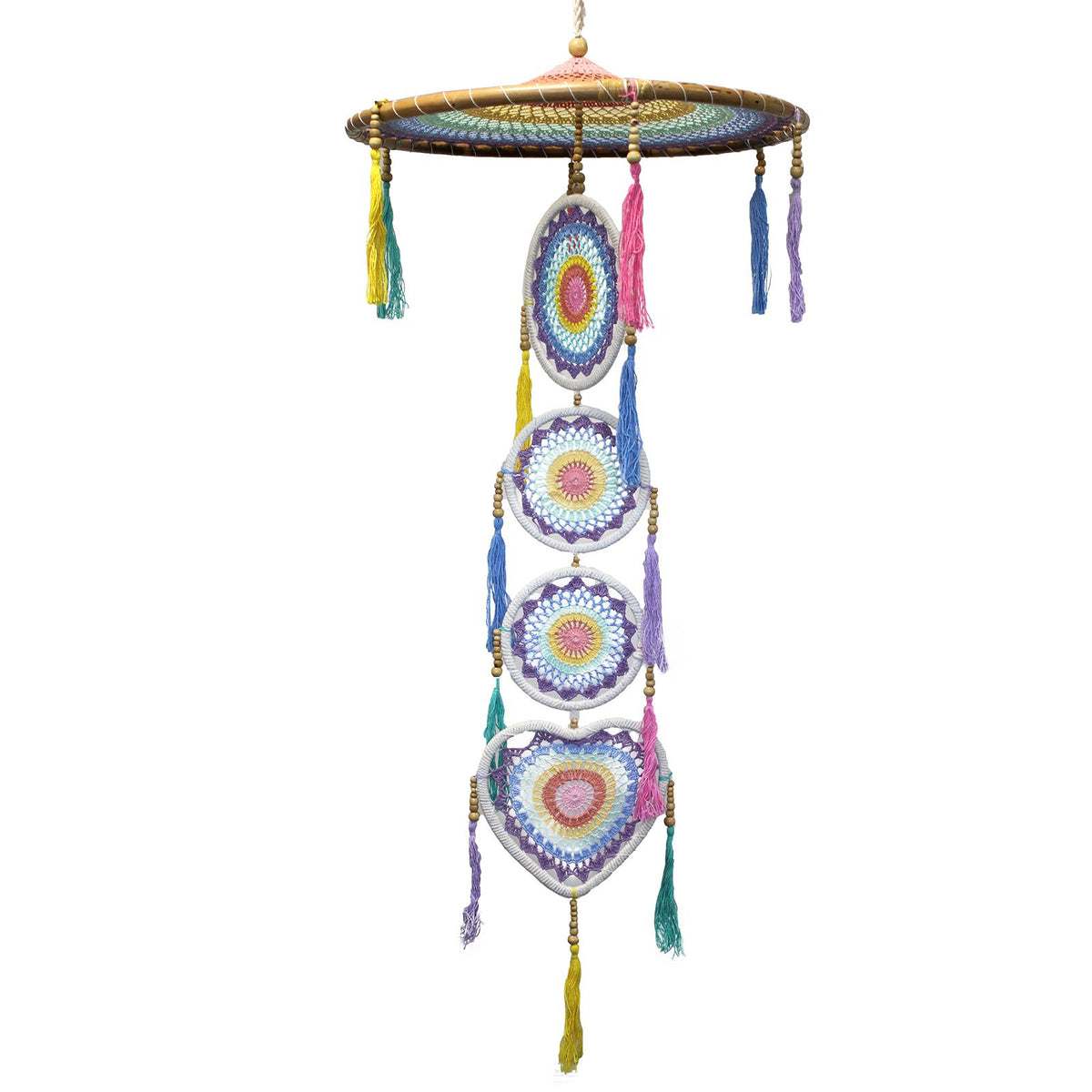Attrape-rêves géant 140 cm en fils de coton pastel sur cercle de bambou