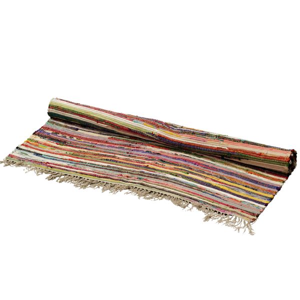 Tapis chindi 150 x 200 cm roulé, rayures aux tons terreux brun ocre et gris avec éclats de couleur