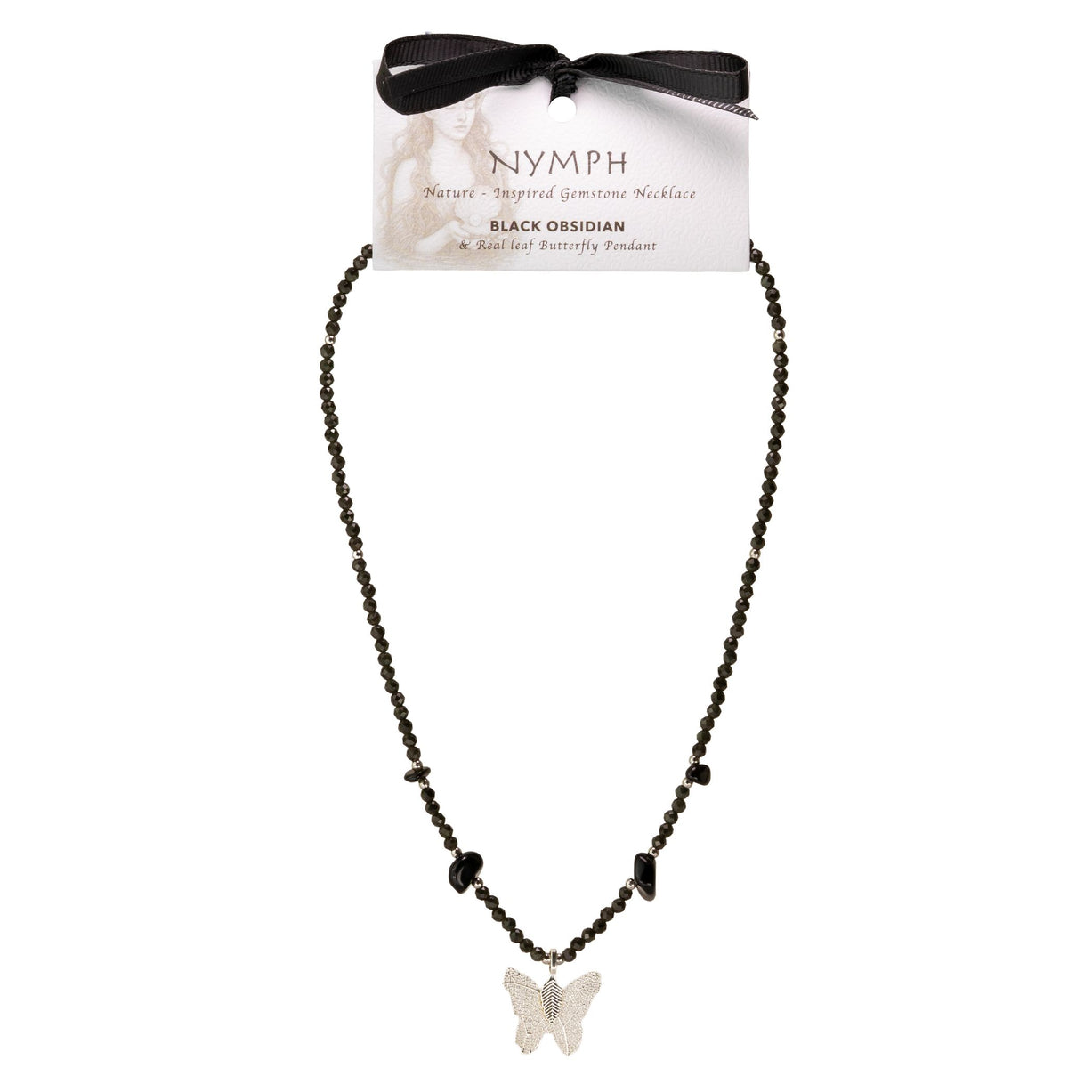 Collier Obsidienne Noire – Pendentif Papillon en Véritable Feuille