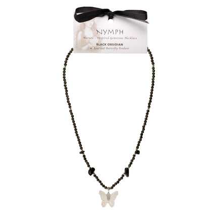 Collier Obsidienne Noire – Pendentif Papillon en Véritable Feuille