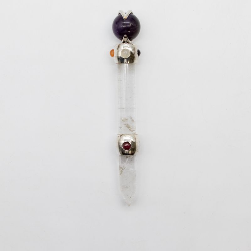 Baguette de rituel Prisme Céleste, sphère d'améthyste mobile sur tige de quartz