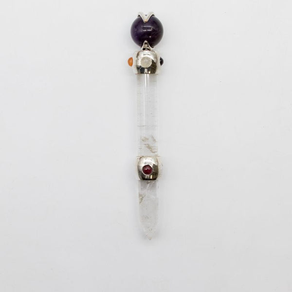 Baguette de rituel Prisme Céleste, sphère d'améthyste mobile sur tige de quartz