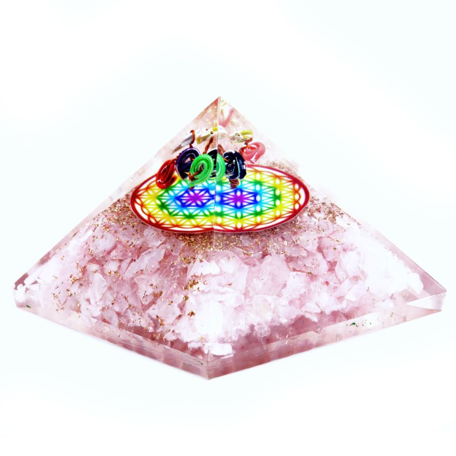 Pyramide en orgonite au quartz rose avec fleur de vie irisée, 70 mm