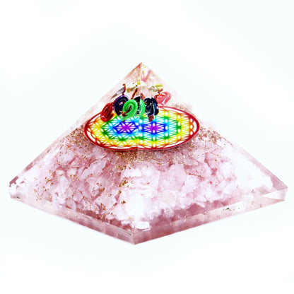 Pyramide en orgonite au quartz rose avec fleur de vie irisée, 70 mm