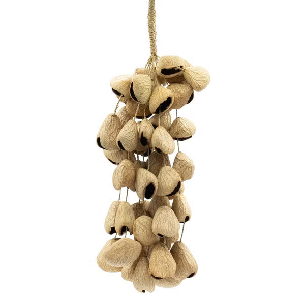 Grand hochet de 50 coquilles de graines de pangi sur cordon